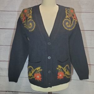 Mondi Black Floral Design Wool Angora Blend Buttoned Cardigan Size EU 42 Large